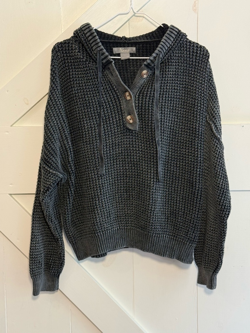 Natural Reflections Large Charcoal Knit Pullover Hoodie Henley Sweater